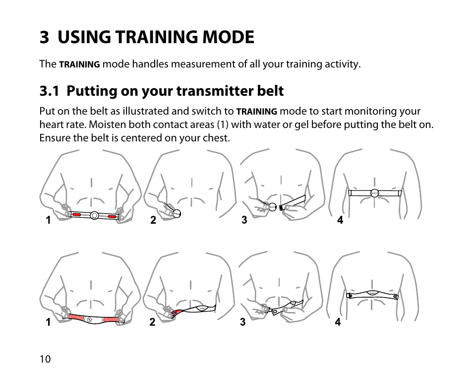 3 using training mode, 1 putting on your transmitter belt | SUUNTO t1c User Manual | Page 11 / 37