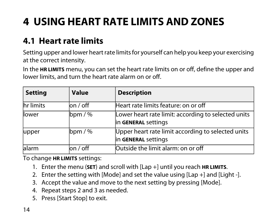 4 using heart rate limits and zones, 1 heart rate limits | SUUNTO t1c User Manual | Page 15 / 37