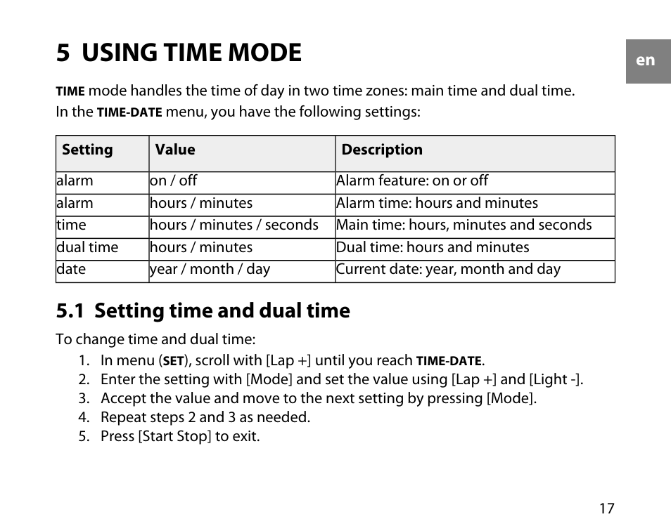 5 using time mode, 1 setting time and dual time | SUUNTO t1c User Manual | Page 18 / 37