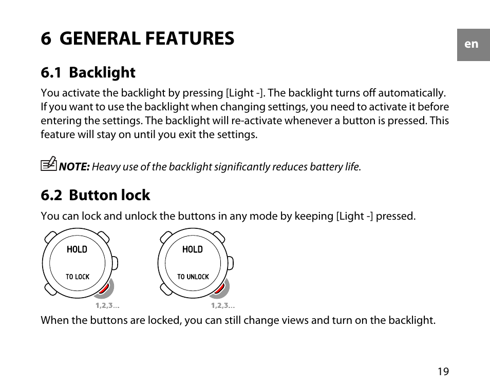 6 general features, 1 backlight, 2 button lock | SUUNTO t1c User Manual | Page 20 / 37