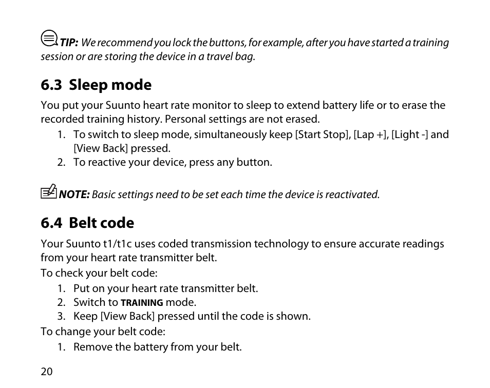 3 sleep mode, 4 belt code, 20 6.4 belt code | SUUNTO t1c User Manual | Page 21 / 37