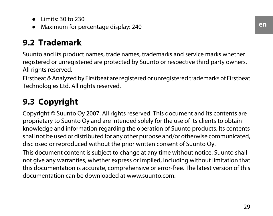 2 trademark, 3 copyright, 29 9.3 copyright | SUUNTO t1c User Manual | Page 30 / 37
