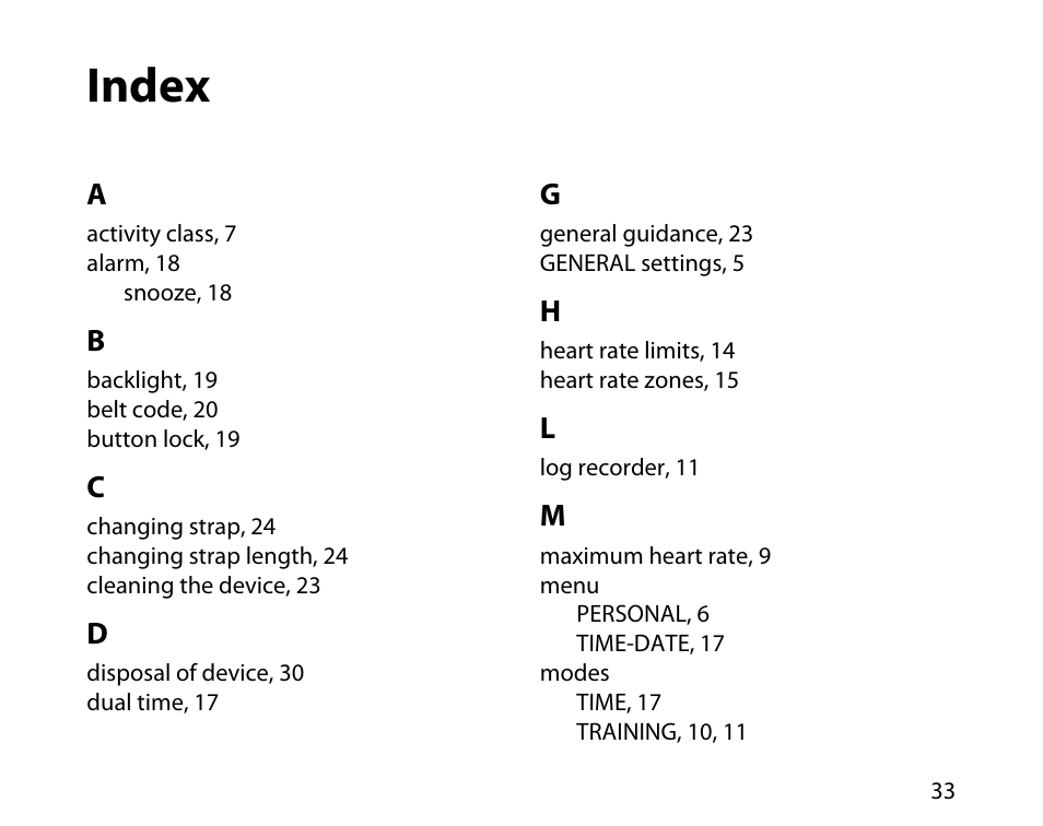 Index | SUUNTO t1c User Manual | Page 34 / 37