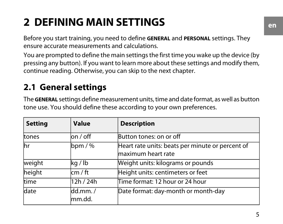 2 defining main settings, 1 general settings | SUUNTO t1c User Manual | Page 6 / 37