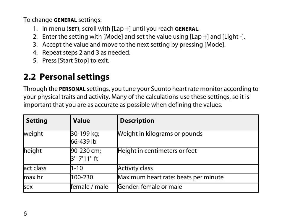 2 personal settings | SUUNTO t1c User Manual | Page 7 / 37
