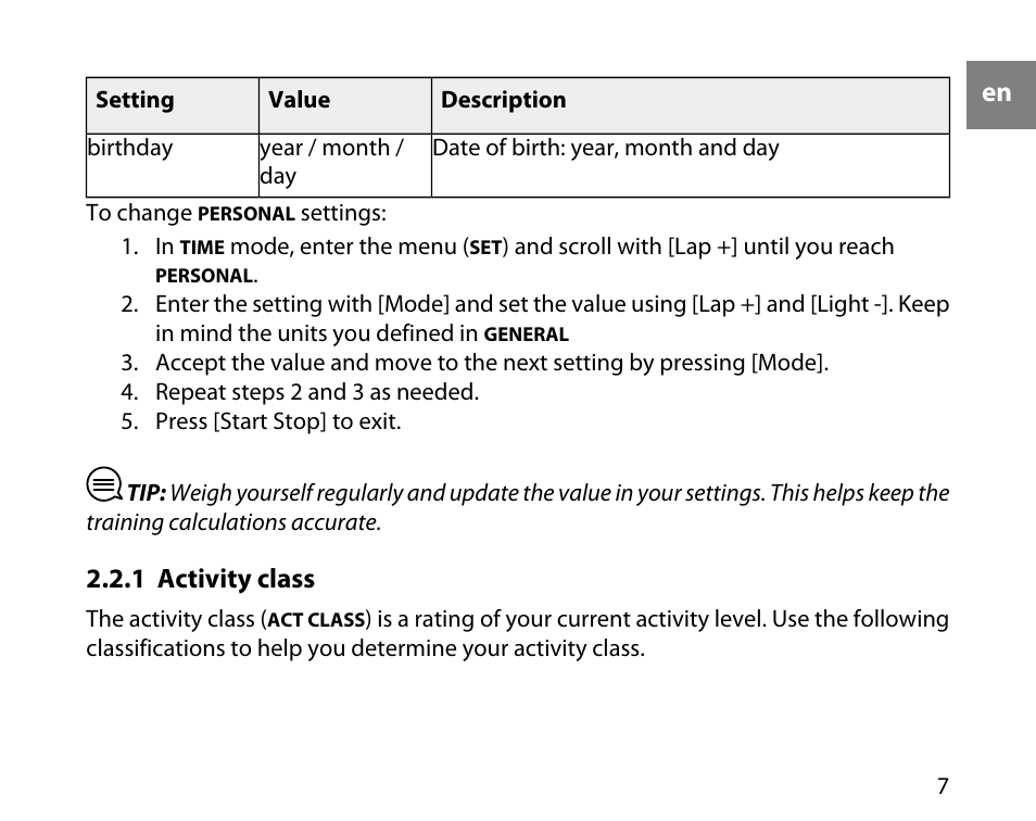 1 activity class | SUUNTO t1c User Manual | Page 8 / 37