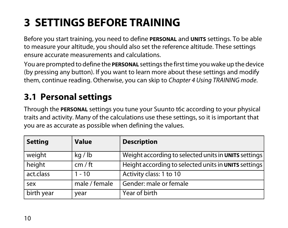 3 settings before training, 1 personal settings | SUUNTO T6C User Manual | Page 11 / 52