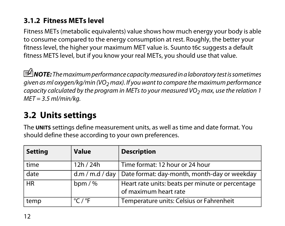 2 fitness mets level, 2 units settings | SUUNTO T6C User Manual | Page 13 / 52