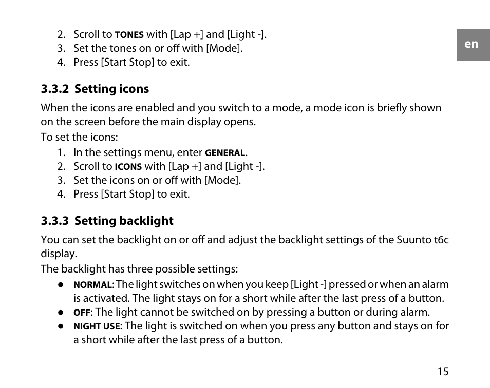 2 setting icons, 3 setting backlight, 15 3.3.3 setting backlight | SUUNTO T6C User Manual | Page 16 / 52