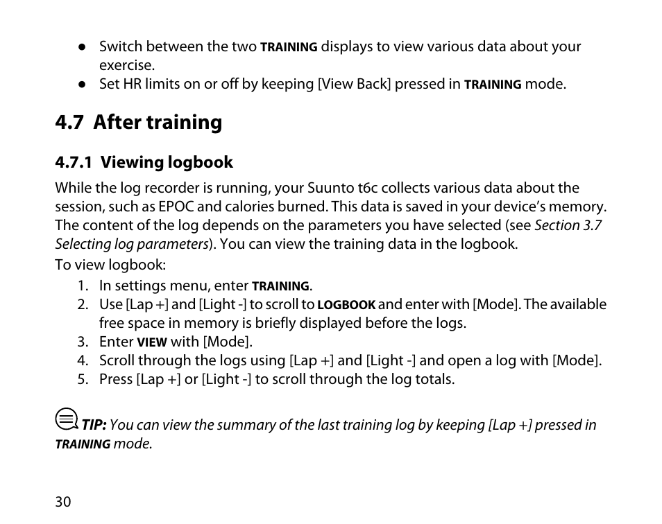 7 after training, 1 viewing logbook | SUUNTO T6C User Manual | Page 31 / 52