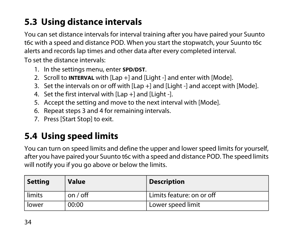 3 using distance intervals, 4 using speed limits, 34 5.4 using speed limits | SUUNTO T6C User Manual | Page 35 / 52