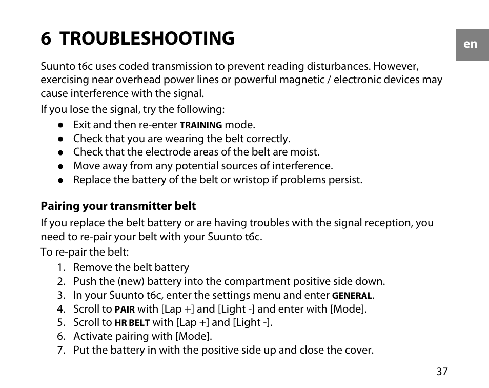 6 troubleshooting, Pairing your transmitter belt | SUUNTO T6C User Manual | Page 38 / 52