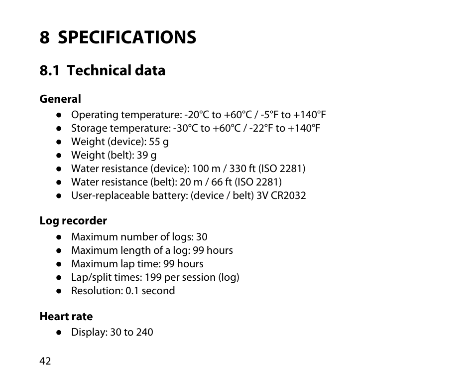 8 specifications, 1 technical data | SUUNTO T6C User Manual | Page 43 / 52