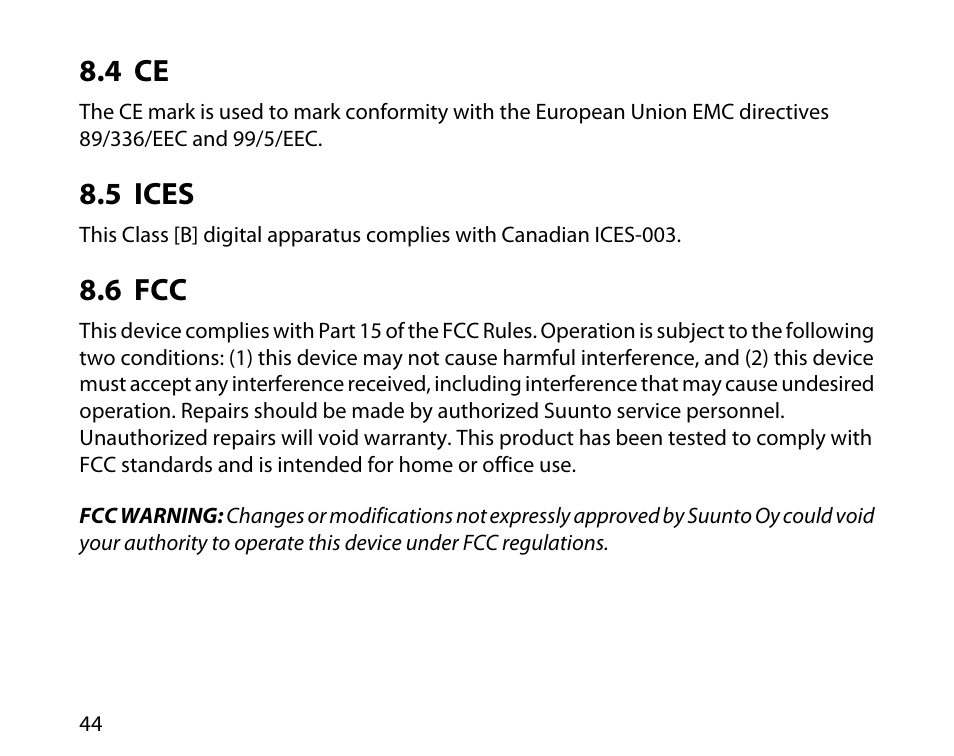 4 ce, 5 ices, 6 fcc | 44 8.5 ices, 44 8.6 fcc | SUUNTO T6C User Manual | Page 45 / 52