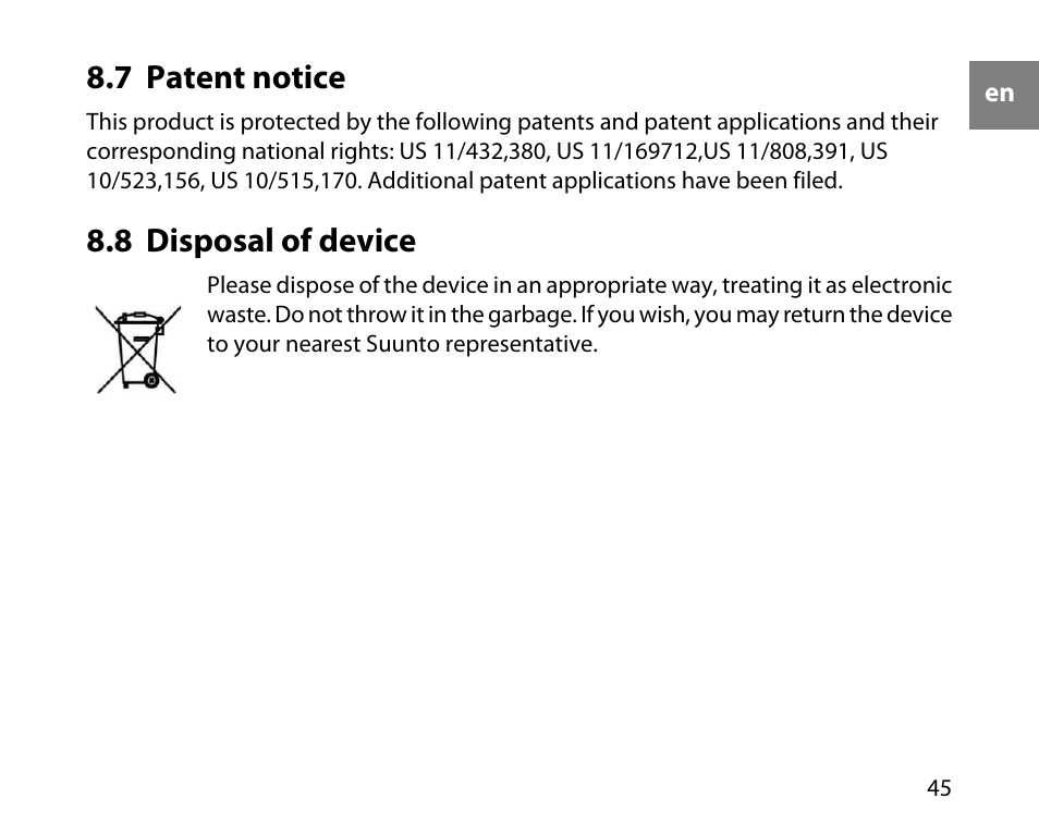 7 patent notice, 8 disposal of device, 45 8.8 disposal of device | SUUNTO T6C User Manual | Page 46 / 52