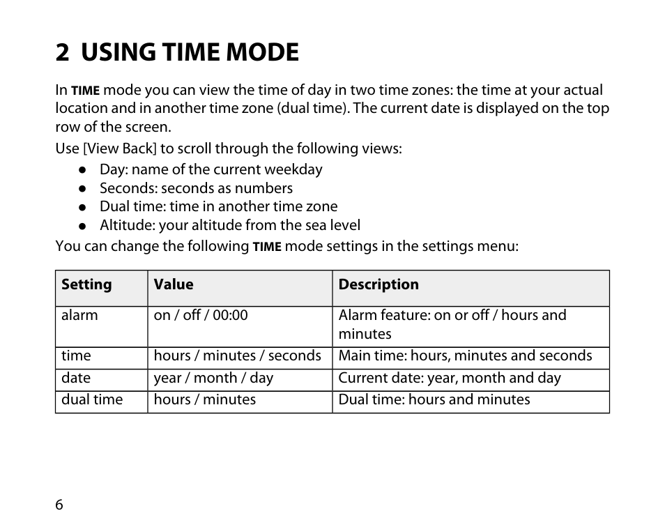 2 using time mode | SUUNTO T6C User Manual | Page 7 / 52