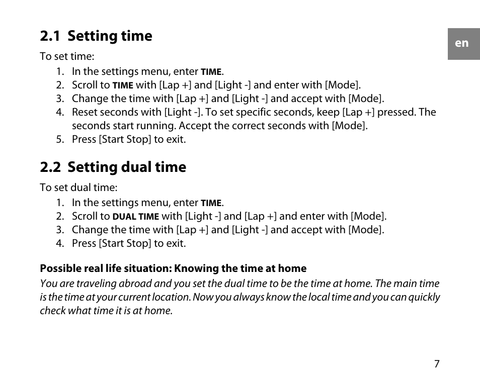 1 setting time, 2 setting dual time, 7 2.2 setting dual time | SUUNTO T6C User Manual | Page 8 / 52