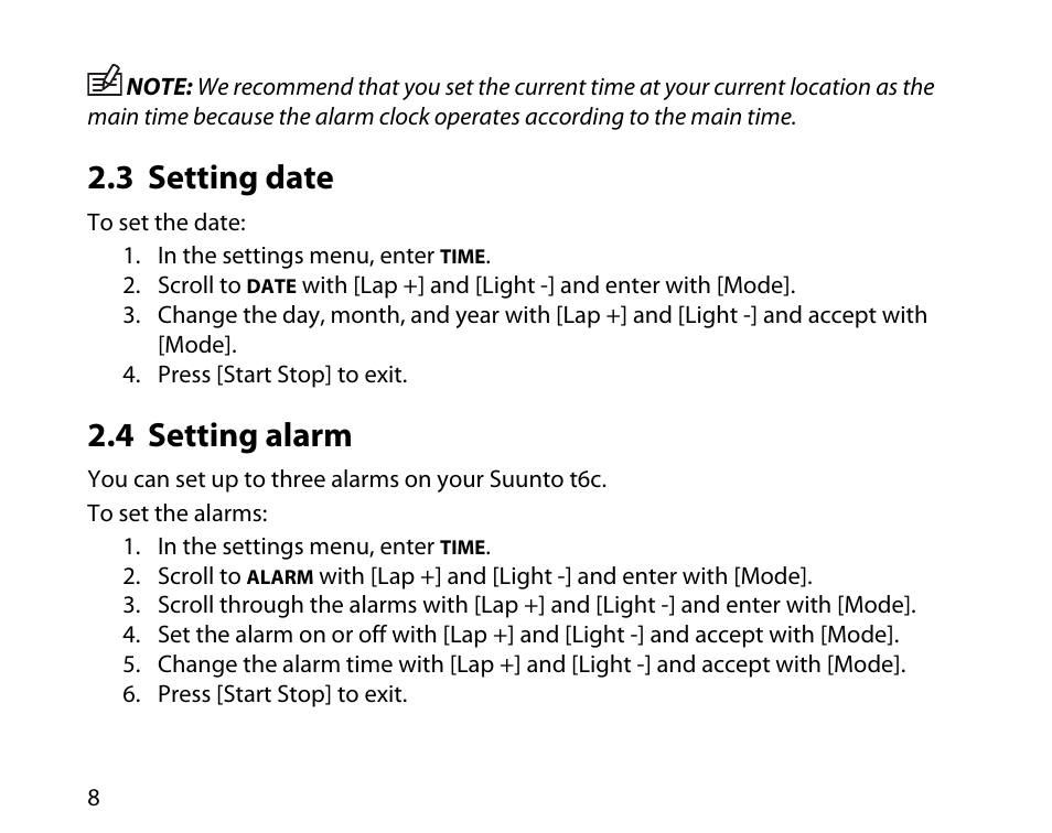 3 setting date, 4 setting alarm, 8 2.4 setting alarm | SUUNTO T6C User Manual | Page 9 / 52