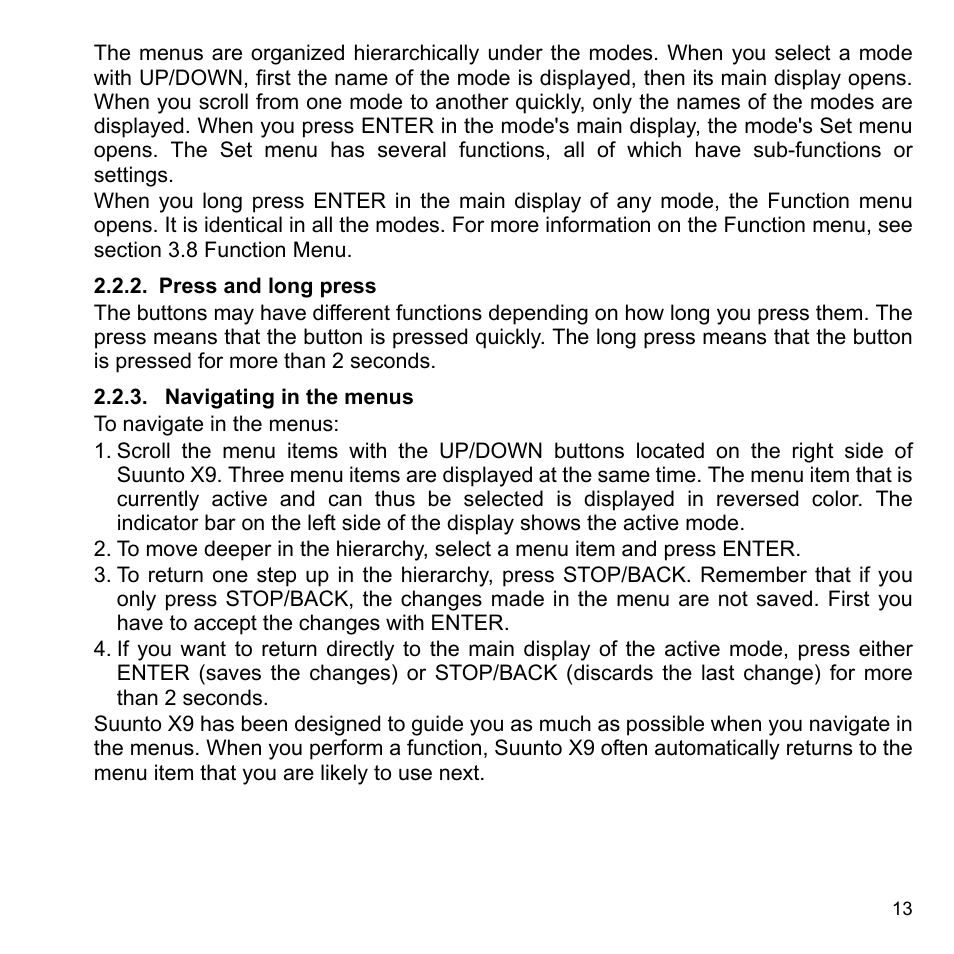 Press and long press, Navigating in the menus | SUUNTO X9_en. User Manual | Page 15 / 100