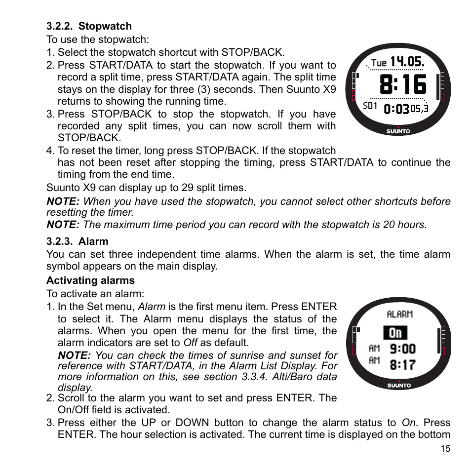 Stopwatch, Alarm, 2 stopwatch 3.2.3 alarm | SUUNTO X9_en. User Manual | Page 17 / 100