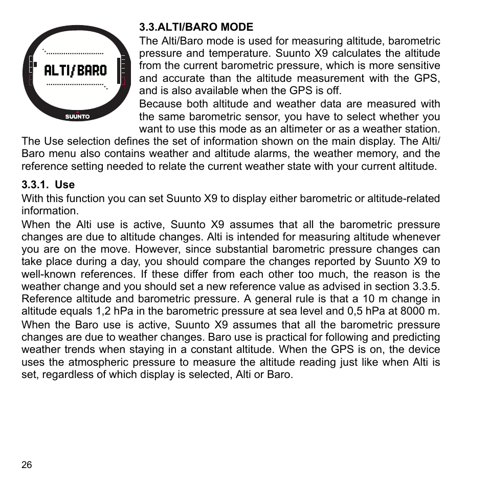 Alti/baro mode, 3 alti/baro mode, 1 use | SUUNTO X9_en. User Manual | Page 28 / 100