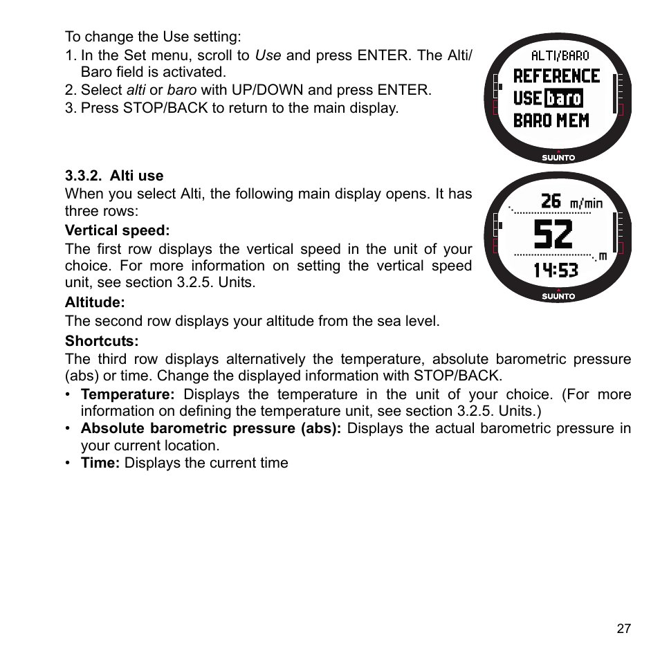 Alti use, 2 alti use | SUUNTO X9_en. User Manual | Page 29 / 100