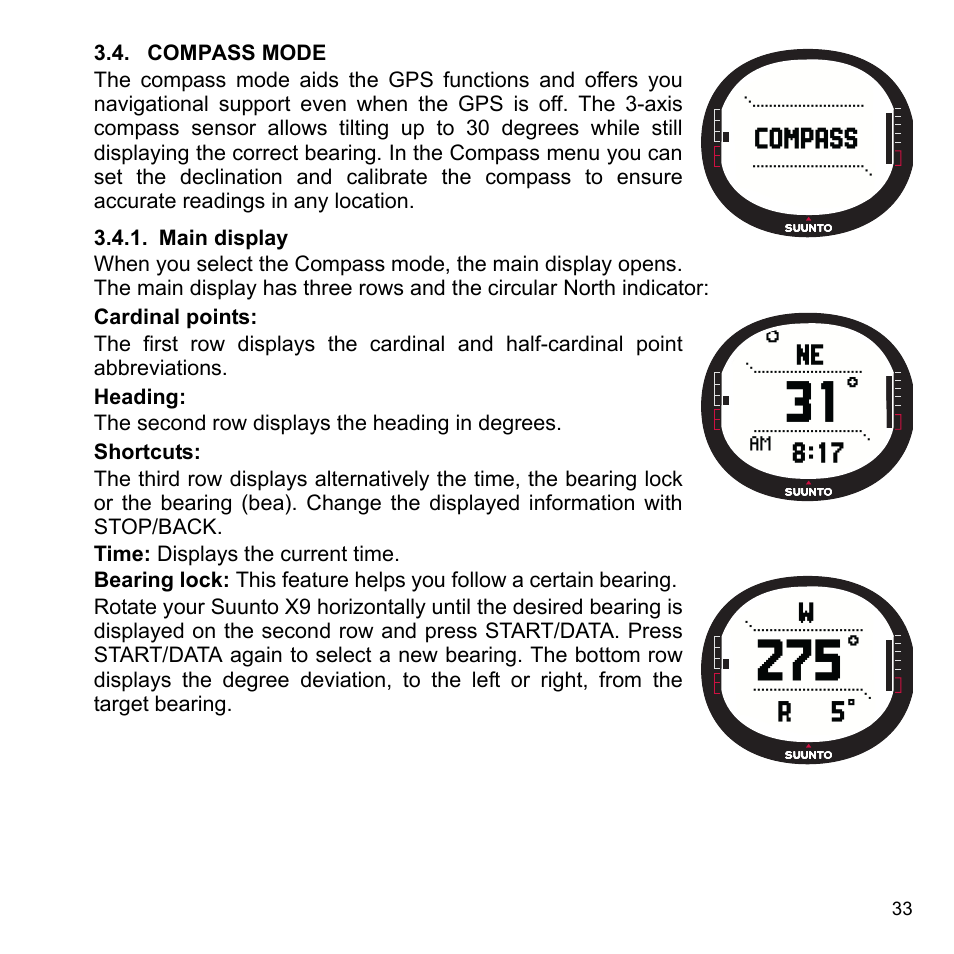 Compass mode, Main display, 4 compass mode | 1 main display | SUUNTO X9_en. User Manual | Page 35 / 100