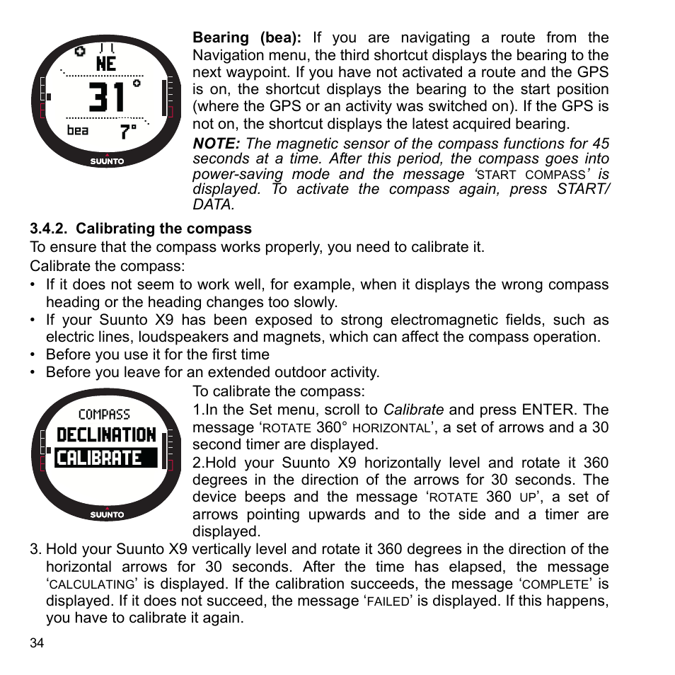 Calibrating the compass, 2 calibrating the compass | SUUNTO X9_en. User Manual | Page 36 / 100