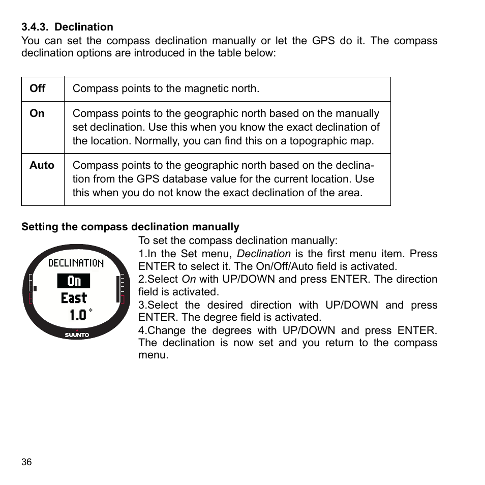 Declination, 3 declination | SUUNTO X9_en. User Manual | Page 38 / 100