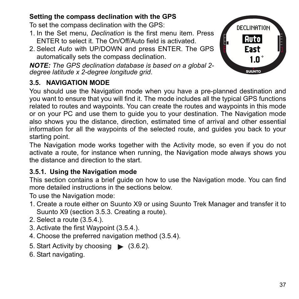 Navigation mode, Using the navigation mode, 5 navigation mode | 1 using the navigation mode | SUUNTO X9_en. User Manual | Page 39 / 100