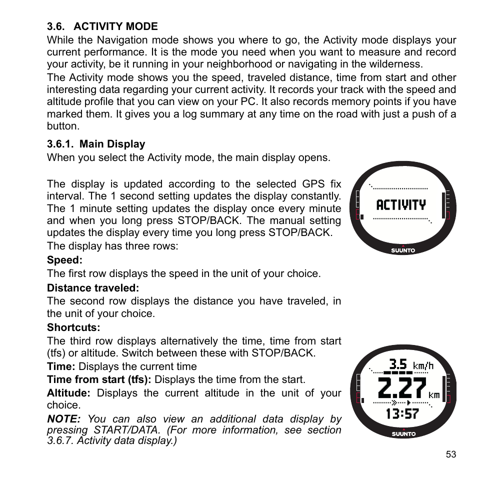 Activity mode, Main display, 6 activity mode | 1 main display | SUUNTO X9_en. User Manual | Page 55 / 100