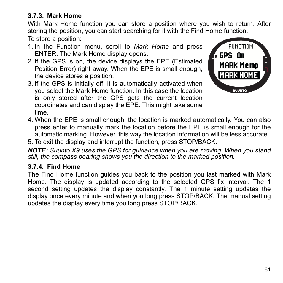 Mark home, Find home, 3 mark home 3.7.4 find home | SUUNTO X9_en. User Manual | Page 63 / 100