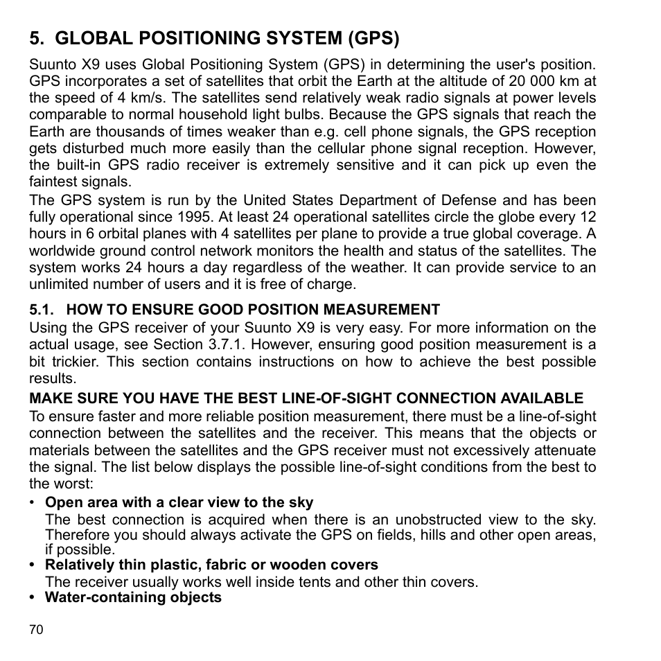 Global positioning system (gps), How to ensure good position measurement, 1 how to ensure good position measurement | SUUNTO X9_en. User Manual | Page 72 / 100