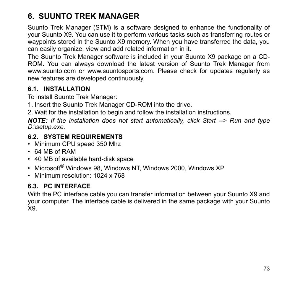 Suunto trek manager, Installation, System requirements | Pc interface | SUUNTO X9_en. User Manual | Page 75 / 100