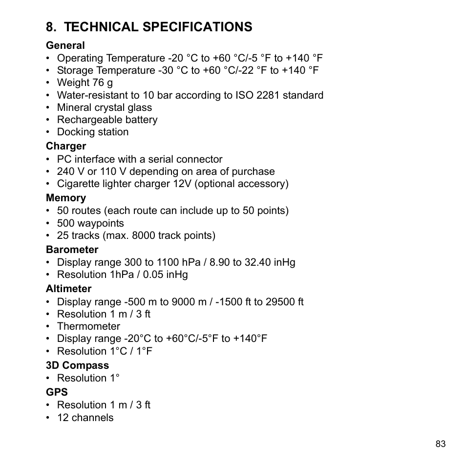 Technical specifications | SUUNTO X9_en. User Manual | Page 85 / 100