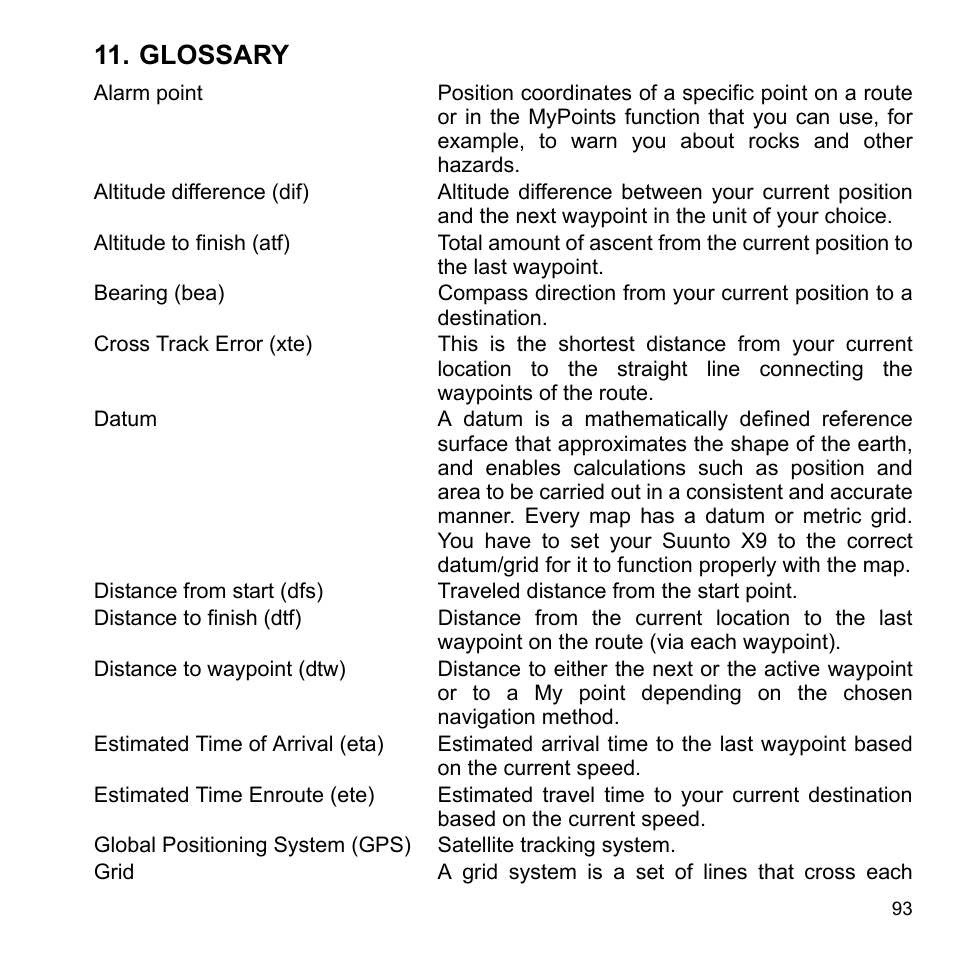 Glossary | SUUNTO X9_en. User Manual | Page 95 / 100