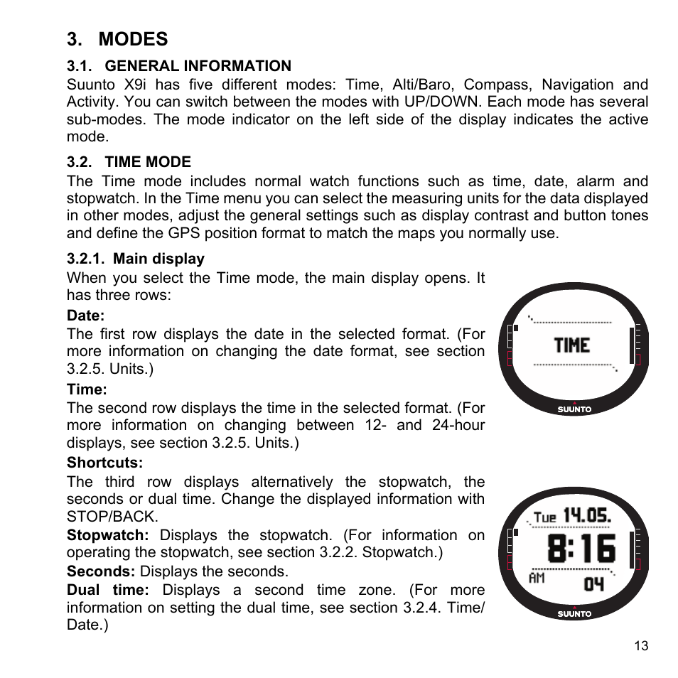 Modes, General information, Time mode | Main display, 2 time mode, 1 main display | SUUNTO X9i User Manual | Page 14 / 97