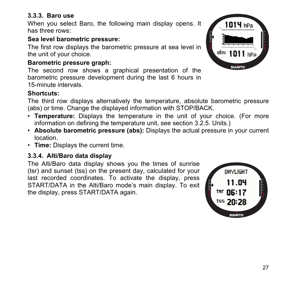 Baro use, Alti/baro data display, 3 baro use | 4 alti/baro data display | SUUNTO X9i User Manual | Page 28 / 97