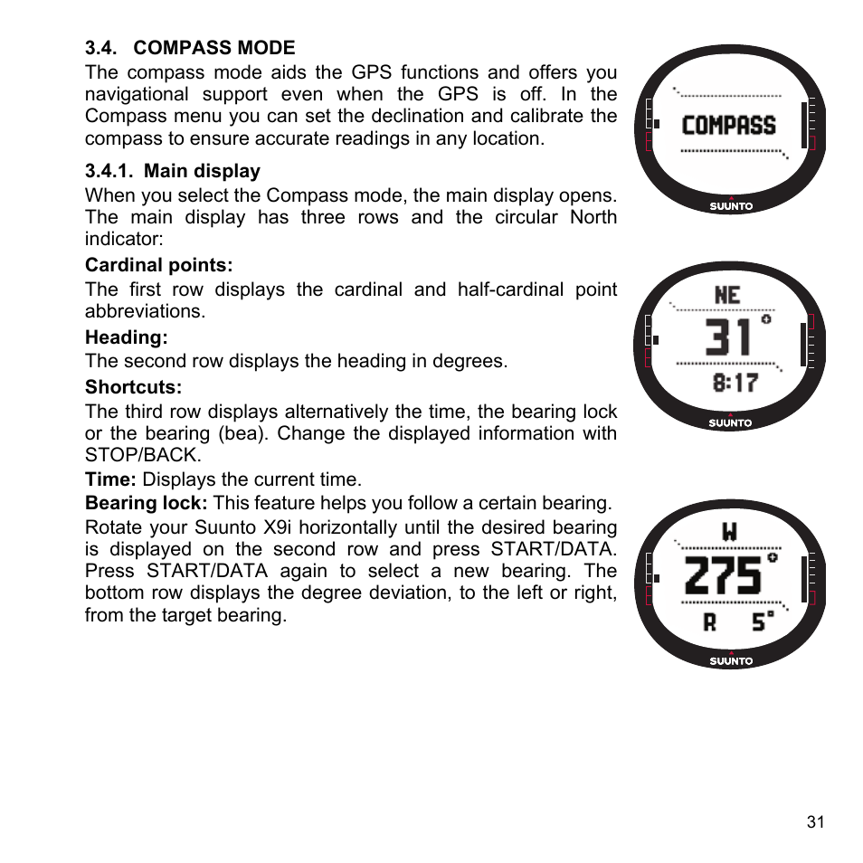 Compass mode, Main display, 4 compass mode | 1 main display | SUUNTO X9i User Manual | Page 32 / 97