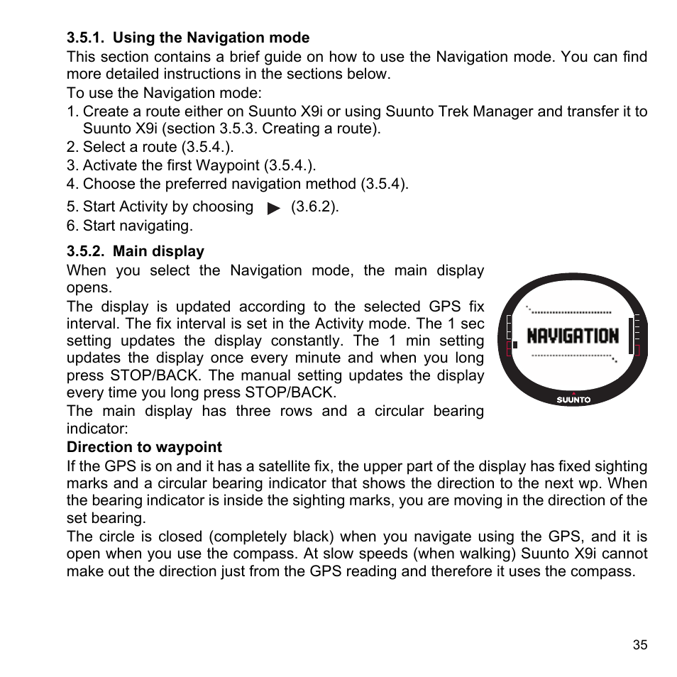 Using the navigation mode, Main display, 1 using the navigation mode 3.5.2 main display | SUUNTO X9i User Manual | Page 36 / 97