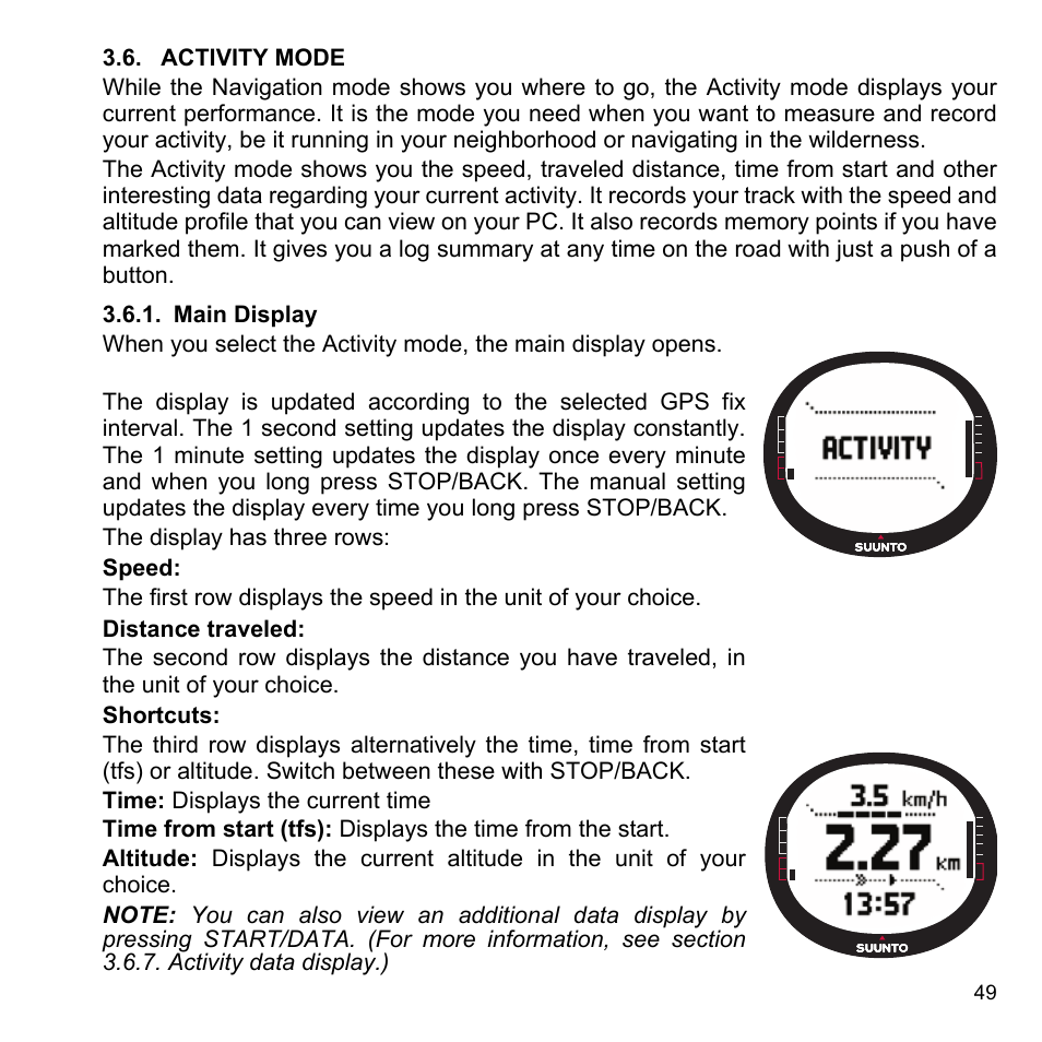 Activity mode, Main display, 6 activity mode | 1 main display | SUUNTO X9i User Manual | Page 50 / 97