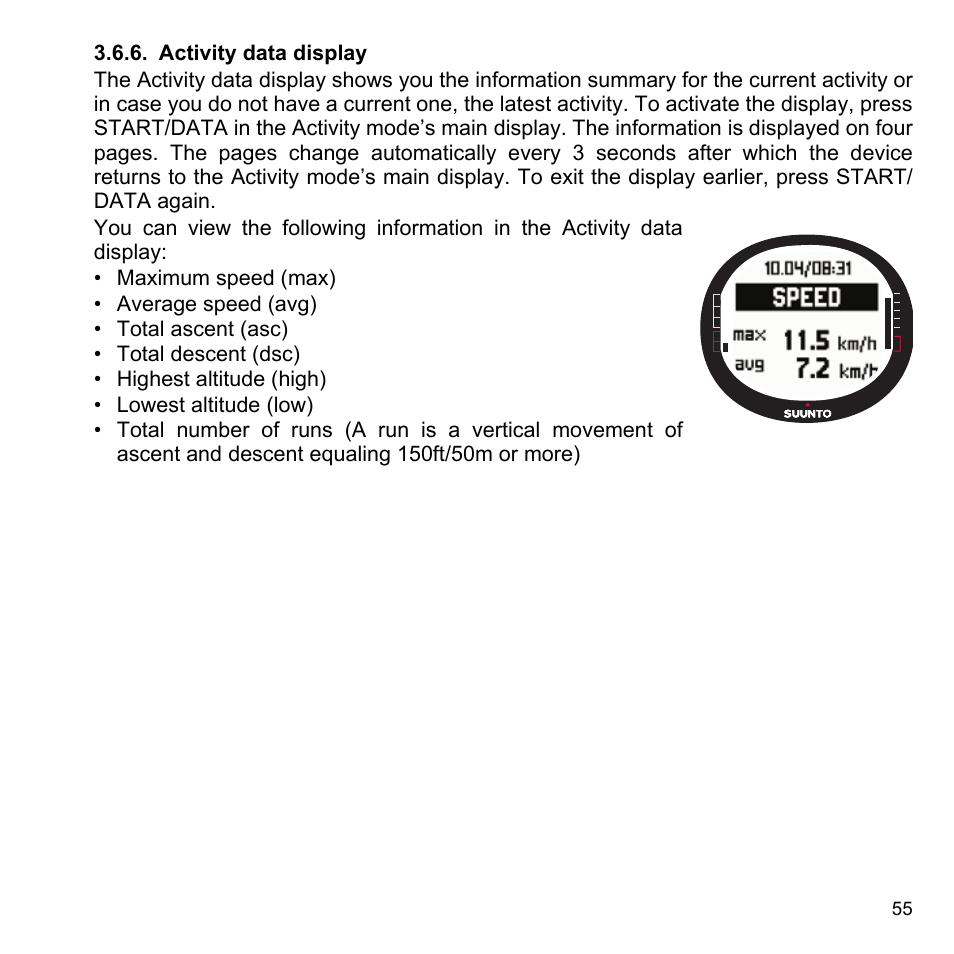 Activity data display, 6 activity data display | SUUNTO X9i User Manual | Page 56 / 97