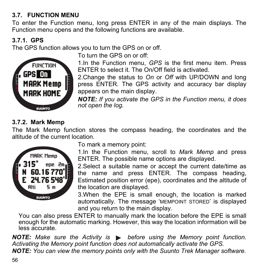 Function menu, Mark memp, 7 function menu | 1 gps 3.7.2 mark memp | SUUNTO X9i User Manual | Page 57 / 97