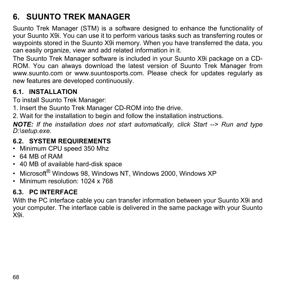 Suunto trek manager, Installation, System requirements | Pc interface | SUUNTO X9i User Manual | Page 69 / 97