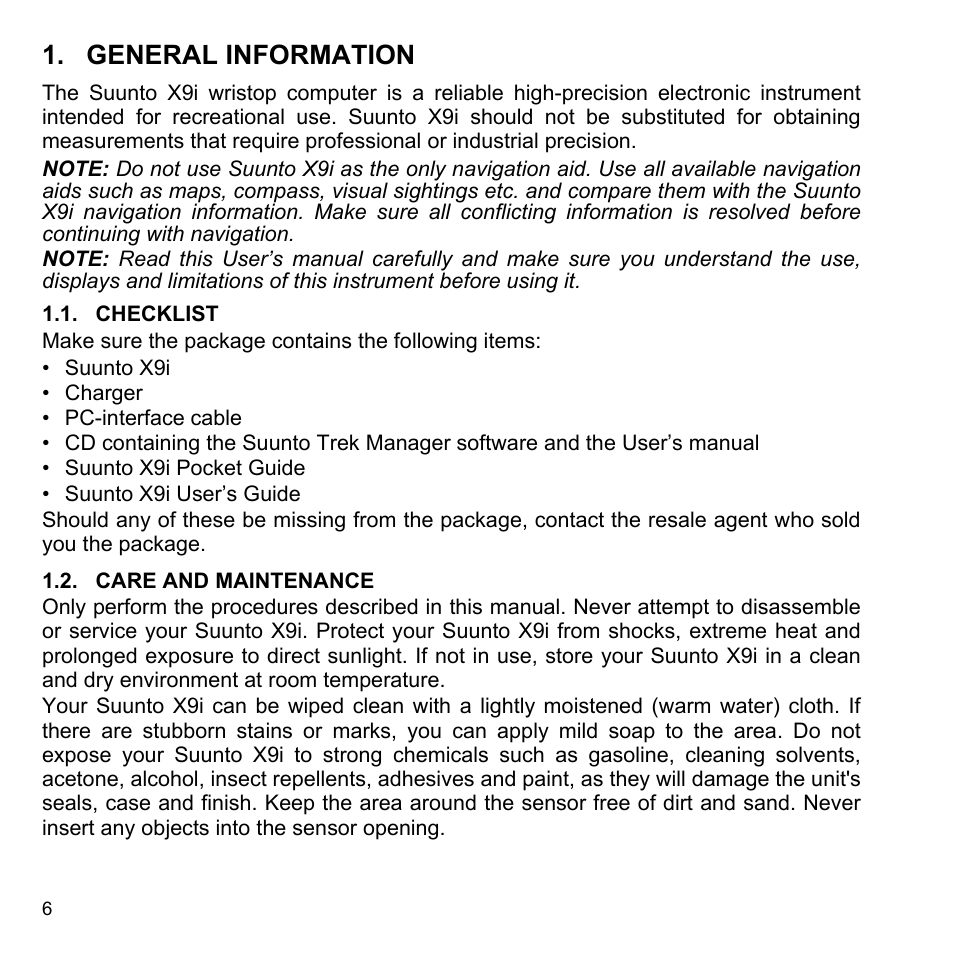 General information, Checklist, Care and maintenance | 1 checklist 1.2 care and maintenance | SUUNTO X9i User Manual | Page 7 / 97