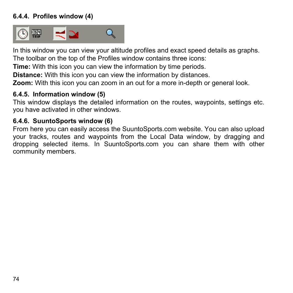 Profiles window (4), Information window (5), Suuntosports window (6) | SUUNTO X9i User Manual | Page 75 / 97