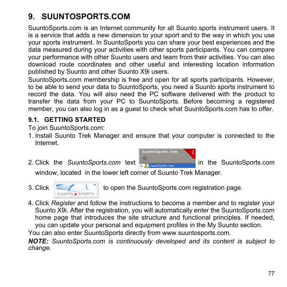 Suuntosports.com, Getting started, 1 getting started | SUUNTO X9i User Manual | Page 78 / 97