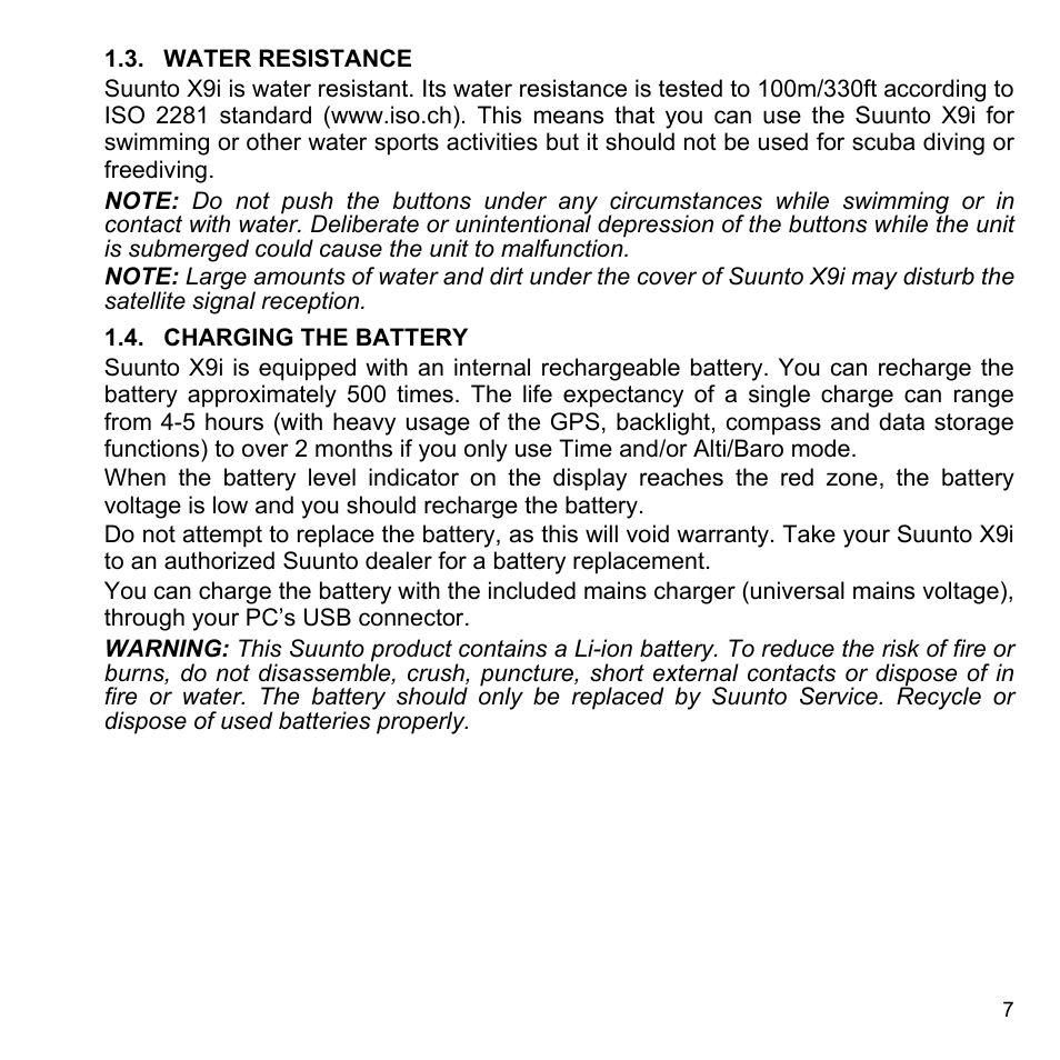 Water resistance, Charging the battery, 3 water resistance 1.4 charging the battery | SUUNTO X9i User Manual | Page 8 / 97