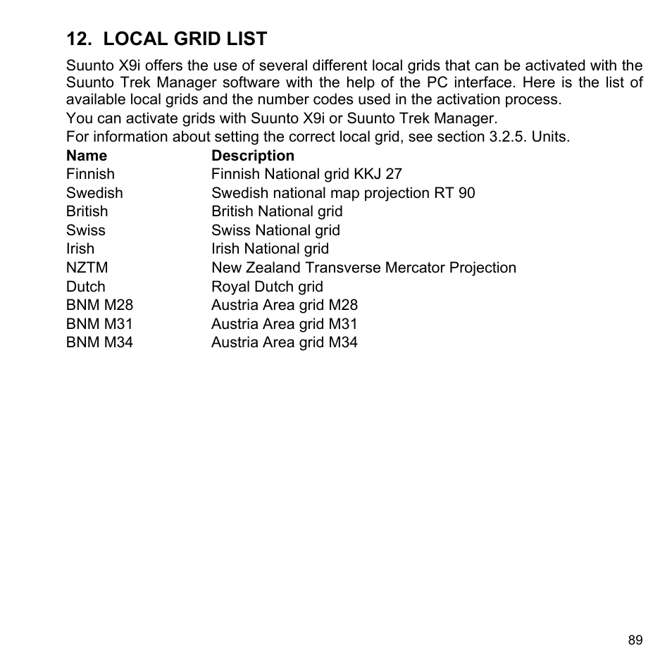Local grid list | SUUNTO X9i User Manual | Page 90 / 97