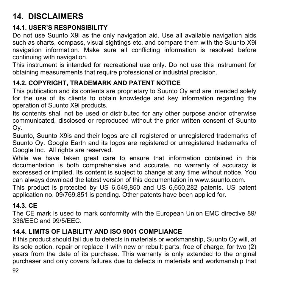 Disclaimers, User’s responsibility, Copyright, trademark and patent notice | Limits of liability and iso 9001 compliance | SUUNTO X9i User Manual | Page 93 / 97